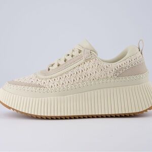 CUSHIONAIRE Women's Loop Lace up Woven Platform Sneaker Comfort Foam beige 6